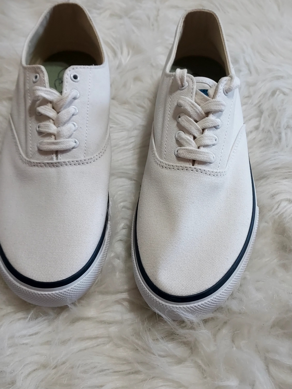 Sperry Top Sider Off White Canvas Low-Top Sneakers with Navy Trim Sz-10.5